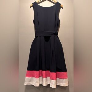 Jones New York Colorblock Navy Pink & White Sleeveless Belted Pockets Midi